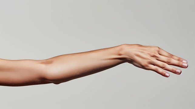 A photograph of an arm and hand including the elbow, hand faced down, short trimmed nails, clean skin, Generative AI illustrations.