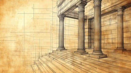 Architectural sketch of a classical colonnade featuring detailed pillars and a textured paper background with crosshatch shading and shadows.