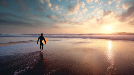 Male surfer walking toward waves with board under arm