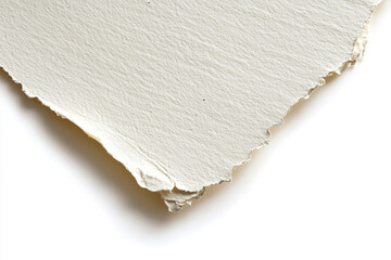 A textured off-white handmade paper sheet, its edge delicately torn, hinting at a story waiting to be written, displayed against a stark white background.