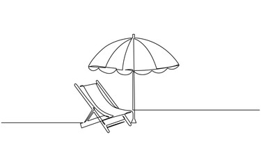 Beach umbrella and chair in one continuous line drawing, Summertime relax on deck chair on coast of sea. Relaxation equipment. Vector outline. © linemafia