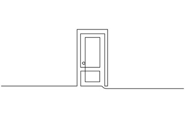 A modern line art depiction of an open door in one continuous line, Open door one line illustration, welcome sign continuous line art drawing.