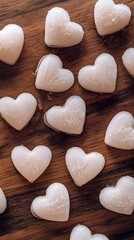 Obraz premium Frosted Heart Shaped Ice Cubes on Wood