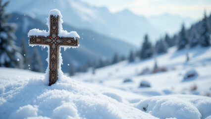 Snowy mountain landscape with a cross for Christian symbolism.