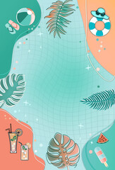 Vertical peach- aqua colors frame waterpool party invitation or presentation background template with resting and swimming  accessories.Top view. Free copy space.