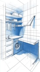 Fototapeta premium Interior architectural sketch of a utility room featuring a washing machine a countertop shelves and an open window rendered in shades of blue.