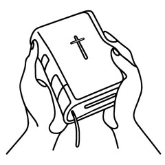 Minimal One Line Drawing of Hands Holding Bible &ndash; Black Line Art Vector on Transparent Background 