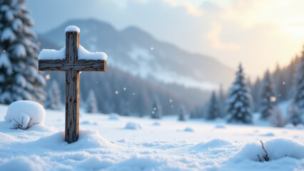 A serene winter scene with a wooden cross standing in snowy field against mountain backdrop at sunrise.