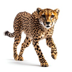 Fototapeta premium Cheetah Sprint: A dynamic portrait captures a cheetah mid-sprint against a pristine backdrop, showcasing its sleek, spotted coat and focused gaze, embodying agility and raw power.