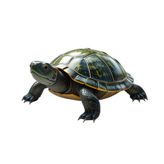 Obraz premium A cute turtle walking on a white background isolated, showcasing its shell and reptile features in a natural, wildlife setting