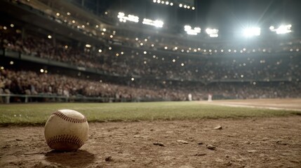 A close-up shot captures a vintage baseball with a weathered surface, brightly lit by stadium lights, as tension builds in the late moments of the game