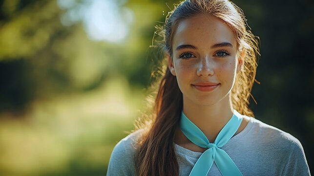 Young woman outdoors wearing light blue ribbon scarf. HPV awareness and women’s health promotion. Prevention and education campaign. HPV Awareness Day message