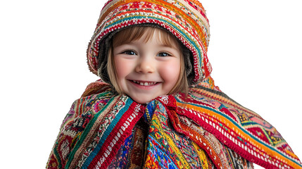 a portrait of a little girl wearing a colorful scarf, shawl and hat, with a on a transparent background, PNG image, PNG file, Generative art.