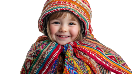 a portrait of a little girl wearing a colorful scarf, shawl and hat, with a on a transparent background, PNG image, PNG file, Generative art.