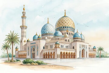 Obraz premium Stunning Watercolor Painting of a Grand Mosque Islamic Architecture Middle Eastern Design Domes