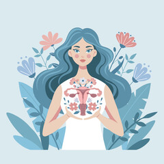Woman with uterus surrounded by flowers, symbol of care and health. Women's Health Day. Menopause, menstrual cycle, gynecology.
