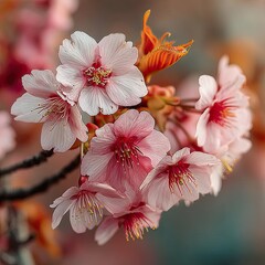 pink cherry blossoms on sunny background. Beautiful spring nature background with blossoming cherry blossom branch. unusual lighting