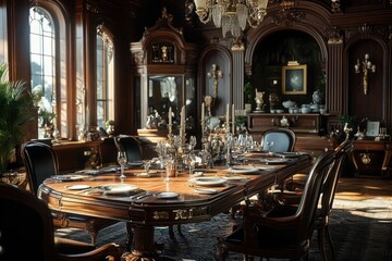 Luxurious antique dining room with rich dark wood details