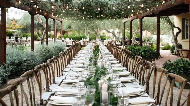 Elegant outdoor dining setup with long tables, greenery, and string lights. Captured from a low angle, ideal for a wedding video scene.