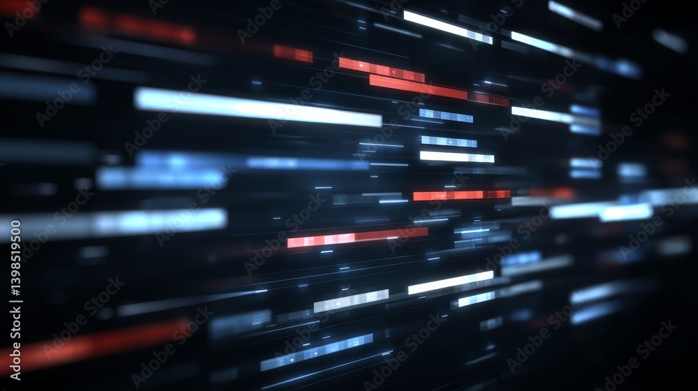 Fototapete Abstract close-up render showcases pixelated red and blue particles creating lines of binary code on a black background, symbolizing data flow and cybersecurity