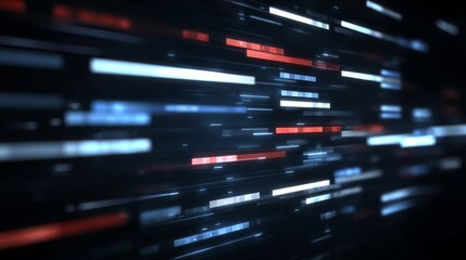 Abstract close-up render showcases pixelated red and blue particles creating lines of binary code on a black background, symbolizing data flow and cybersecurity