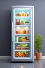AI-powered automation in daily life home systems, A bright and organized refrigerator filled with healthy food. Domestic AI solutions, elder care automation