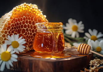 jar of honey on a table with bees