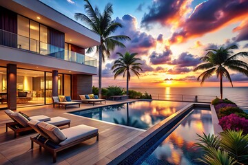 Fototapeta premium Luxury modern villa exterior with infinity pool, palm trees at colorful ocean sunset