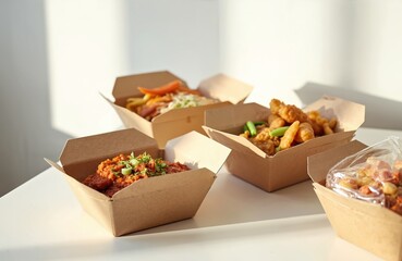 Takeaway food assorted in disposable containers. Bowls, boxes with different meals on white table. Eco-friendly concept for delivery service. Lunch meal packed in eco-friendly containers.