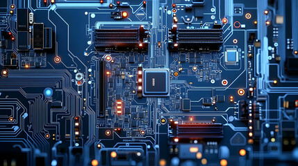 Fototapeta premium Close Up View Of Intricate Circuit Board With Glowing Components