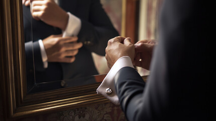 Man adjusting cufflinks in mirror, deep breath before