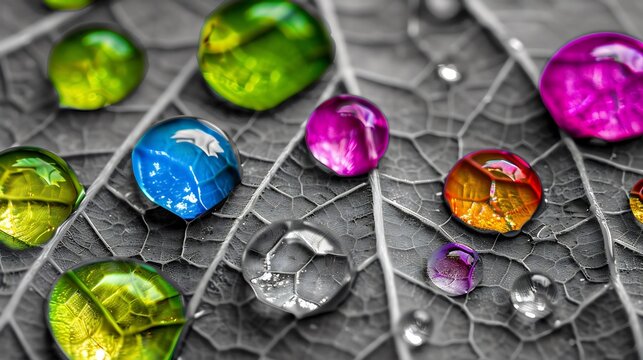 Close up of dewdrops on a grayscale leaf each drop capturing a vivid rainbow in selective color refracting light beautifully