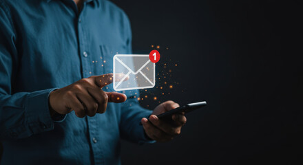 New Email Alert! Man Checks Mail on Phone. Stay Connected with Digital Communication & Instant Notifications, Modern Lifestyle, Tech, Productivity.