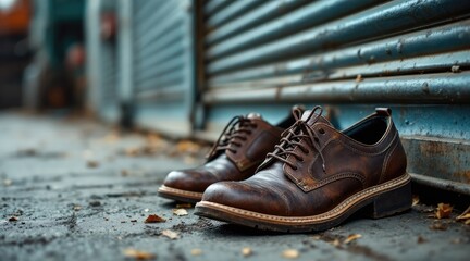 great  depression. Worn leather shoes placed on a textured surface, showcasing rustic details and surrounding urban elements.