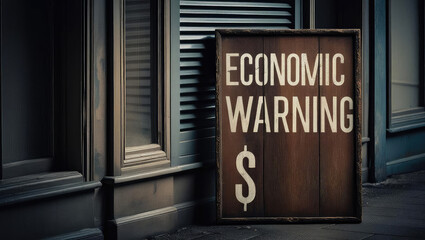 great  depression. A weathered sign displaying "Economic Warning" in a dimly lit urban setting, highlighting financial caution.
