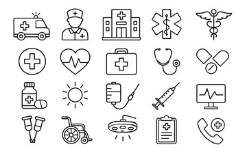 Unique collection of ambulance and medical line icons in flat design