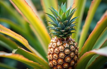 Fototapeta premium Close-up of ripe pineapple plant growing in garden. Exotic tropical fruit with green spiky leaves. Juicy pineapple fruit, healthy eating, vegetarian diet concept. Fresh food, summer vacation theme.