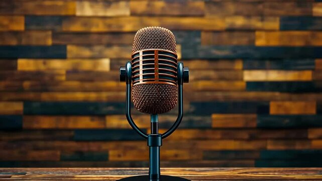 A vintage-style microphone on a stand, positioned in front of a warm wood-textured background, creating a classic studio ambiance.
