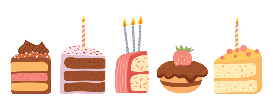 Set of 5 cute vector cake slices in flat pastel style. Includes chocolate, layered, and fruit-topped cakes with candles. Fun and sweet dessert collection for birthdays and kids' designs.