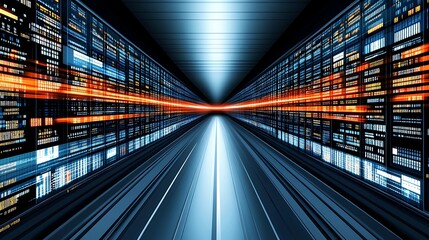 A futuristic data center tunnel showcasing high-speed data transmission.