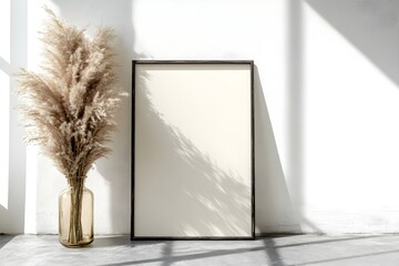 A vertical, empty black frame leaning against the wall in an empty room with white walls.