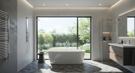 Modern Scandinavian bathroom design interior with white color bright light theme bathtub, sink, mirror, clean and sleek design