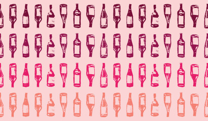 Colorful wine bottle pattern – pop art hand-drawn texture. Wine bottles horizontal rows with rough textured effect for textile ornament, packaging design, winery branding