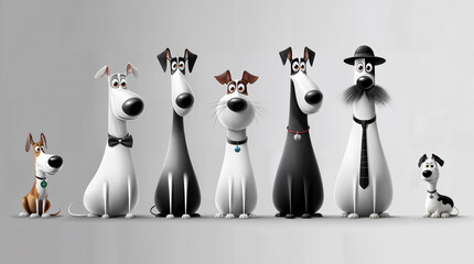 Obraz premium Playful cartoon dogs in a minimalist design, each with unique characteristics and expressions, perfect for pet-related branding, children's books, and animated content