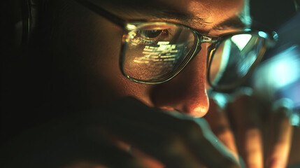 Man adjusting glasses before typing; screen glow reflection