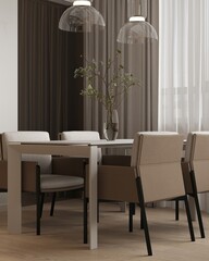 Close up of table in room with city view. 3D Rendering