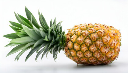 Fototapeta premium Detailed close-up of a whole pineapple with leafy crown on isolated white background.