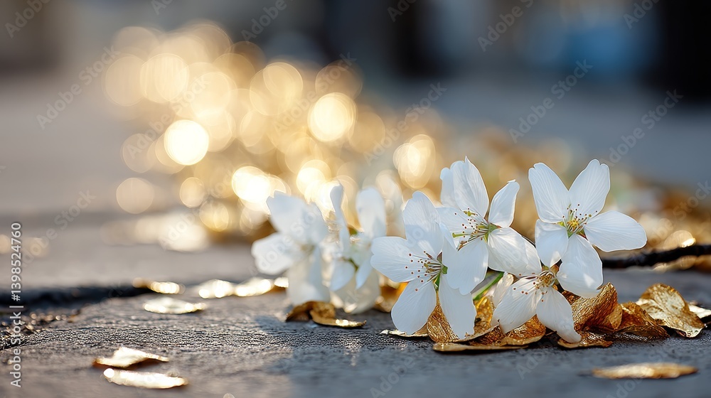 Aufkleber cherry petals flutter gently in golden shafts of light, collecting along a winding garden path, crea