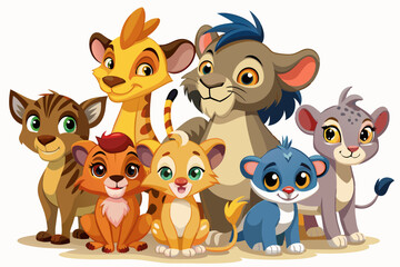 Naklejka premium Illustration featuring a group of seven cartoon lion cubs with various colors and unique designs