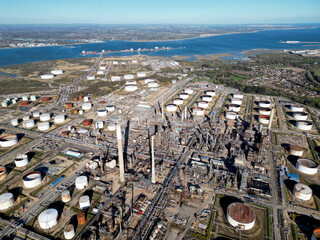 Oil refinery aerial view, shot from a drone. Production of oil and chemicals.